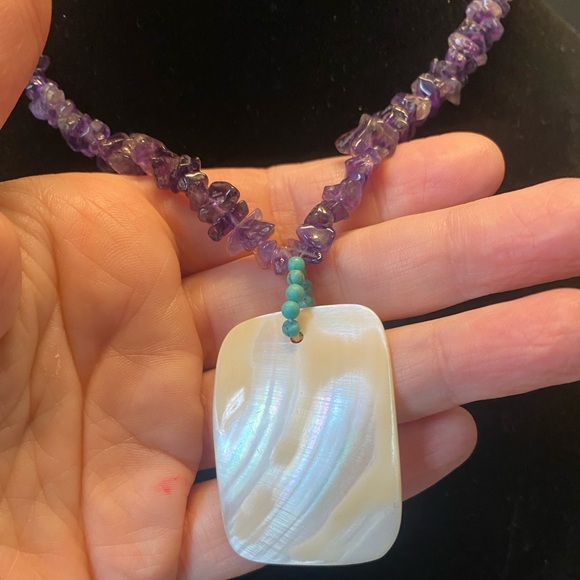 Vintage Amethyst Necklace W/ Mother Of Pearl Pendant Attached W/ Turquoise Beads - Picture 4 of 5